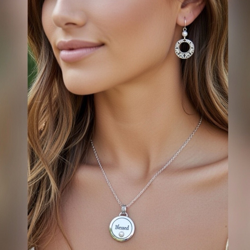 Belk Silver Tone Blessed Pendant Necklace Hoop Drop Earrings Set NWT